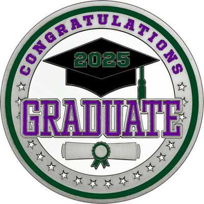 Purple "Congratulations Graduate" with Dark Green 2025, Rim, Tassel & Ribbon